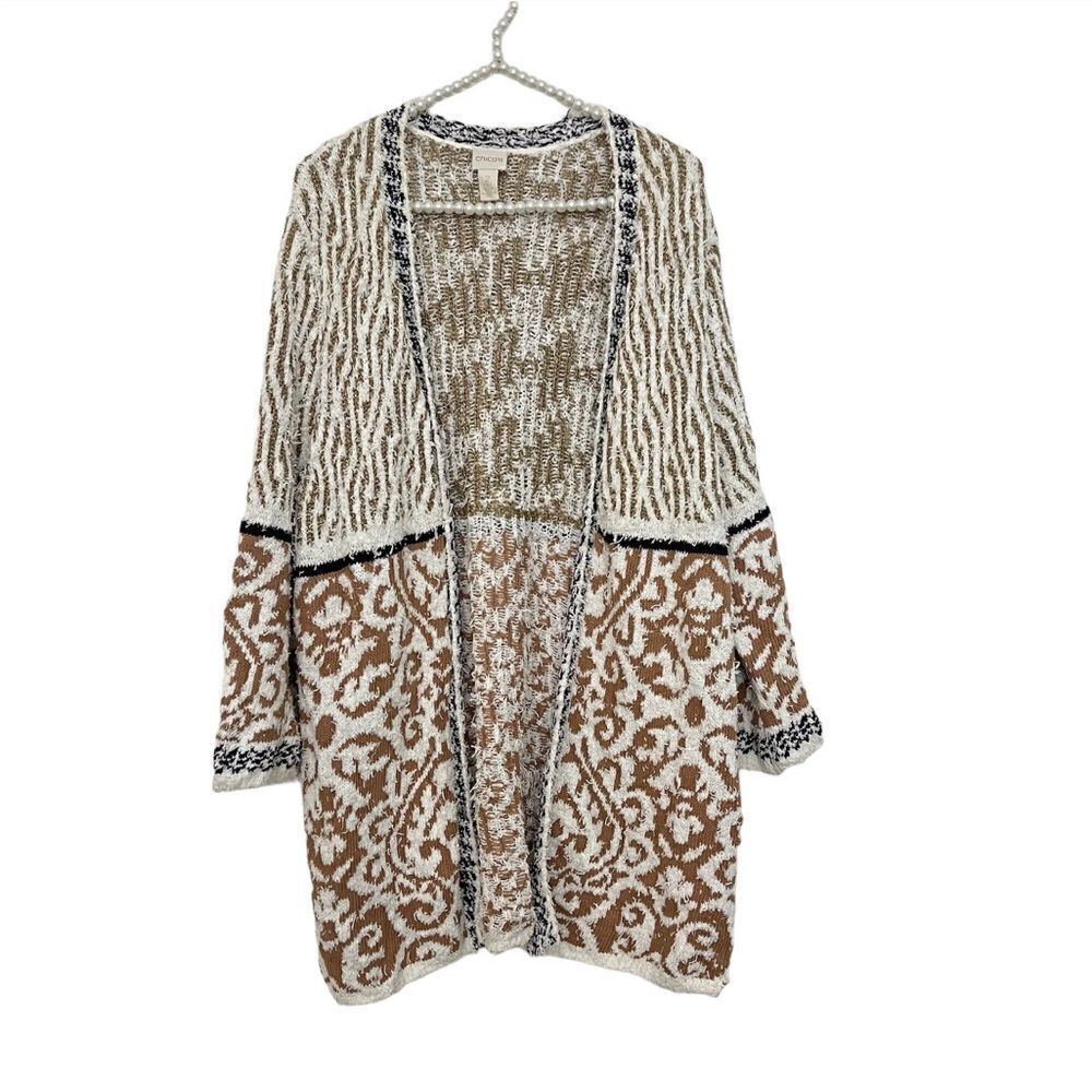 Chico’s Pattern Mix Audrey Open Front 3/4 Sleeves Cardigan Women’s Size 2 Medium - Picture 2 of 10